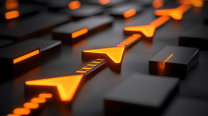 Dynamic 3D illustration of glowing orange arrows on dark surface, symbolizing direction and movement in technology. design evokes sense of innovation and progress