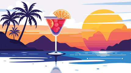 Tropical Night Landscape Cocktail Glass Illustration