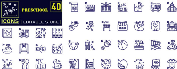 Set of line icons related to preschool, child, kindergarten, kid, cognitive icons .