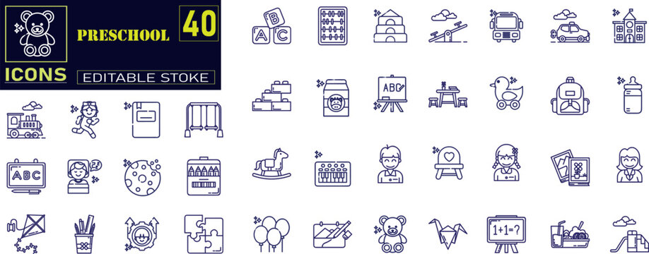 Set of line icons related to preschool, child, kindergarten, kid, cognitive icons .