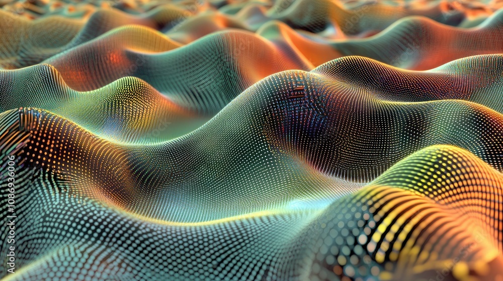 Aufkleber a 3d-rendered cyber wave with vibrant, flowing dots and light lines, evoking the fluid movement of d