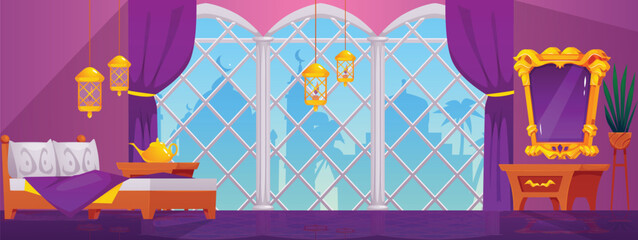 Magic mirror with floral golden ornate frame, vector oriental bedroom interior, eastern arch windows, antique lanterns © sabelskaya