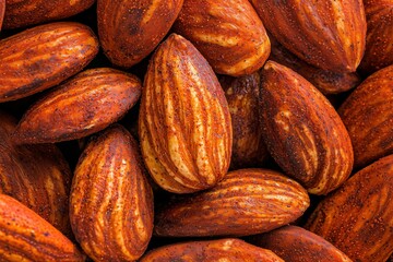 Detailed Close-Up of Almonds Dusted with Smoked Paprika, Highlighting Flavorful Seasoning