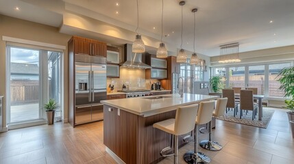 Fototapeta premium A bright, open-concept kitchen and dining area featuring modern cabinetry, stainless steel appliances, and a central island with bar stools.