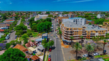 Panoramic aerial drone view of western Sydney Suburbs of Canterbury Burwood Ashfield Marrickville...