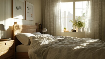 Obraz premium A cozy Scandinavian bedroom with soft bedding, a neutral color scheme, and a natural wood bedside table for a simple yet warm look.