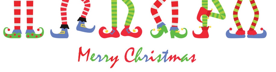 Merry Christmas background or banner with elf feet set, vector illustration. Collection of cute elves legs, boots. Santa helpers shoes and pants. Isolated on white background