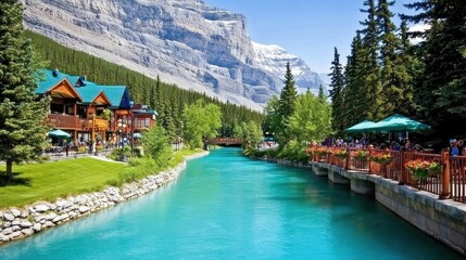 Naklejka premium Mountain Village Canal Scene With Vibrant Turquoise Water