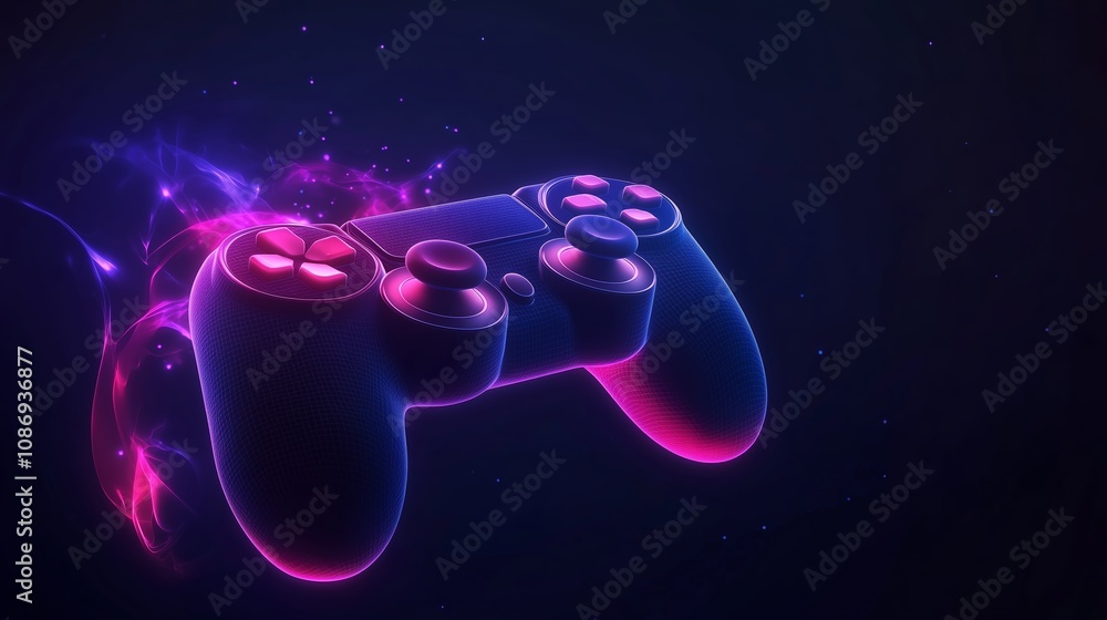 Poster a digital rendering of a video game controller is depicted in a dark setting