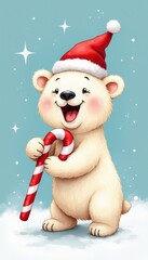 An excited polar bear cub holding a red and white candy cane on a solid light blue background evoking warm Christmas joy.