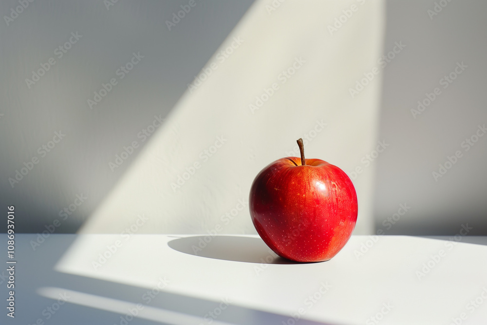 Poster a single red apple placed on a plain white table with a stark shadow.