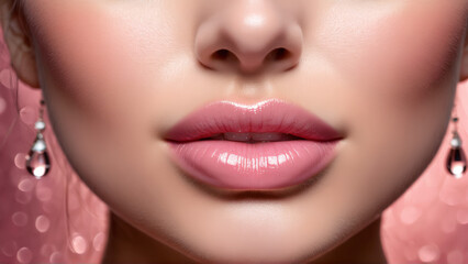 Fototapeta premium Plump lipped woman with voluminous lip serum hydrating droplets juicy tint blurred rose background