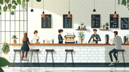 Welcoming Atmosphere of a Cozy Cafe with Baristas Serving Coffee and Happy Customers, Ideal for Messages and Advertising