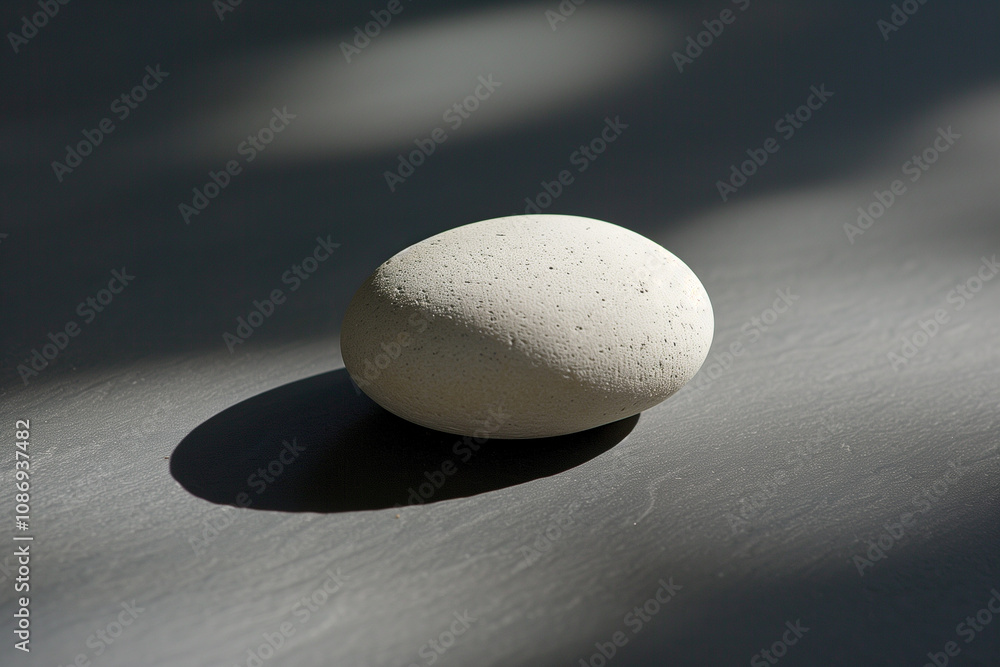 Poster a single, smooth white pebble centered on a black surface, casting a soft shadow.
