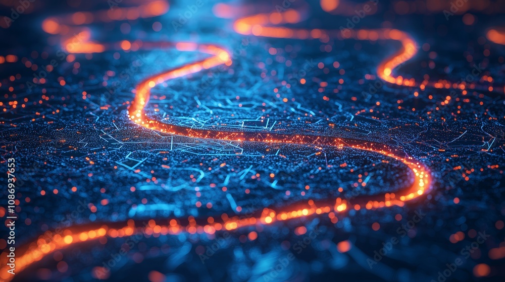 Poster abstract representation of flowing light trails in a futuristic landscape with neon glows and illumi