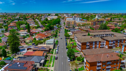 Panoramic aerial drone view of western Sydney Suburbs of Canterbury Burwood Ashfield Marrickville...