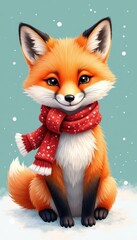 Fototapeta premium An adorable fox cub wearing a Christmas scarf standing isolated on a solid teal backdrop radiating warmth of holiday season.
