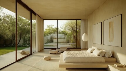 Fototapeta premium A minimalist bedroom with a neutral color palette, featuring a low-profile bed with clean-lined, modern bedding, and large windows overlooking a private garden.