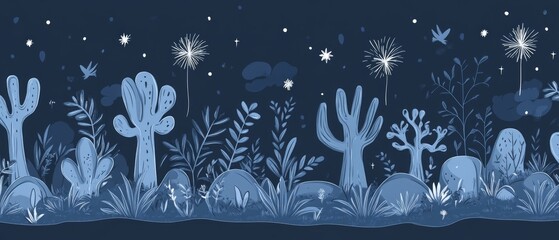 The night reveals a captivating desert with unique cacti, delicate plants, and shimmering stars, creating a calm and enchanting atmosphere