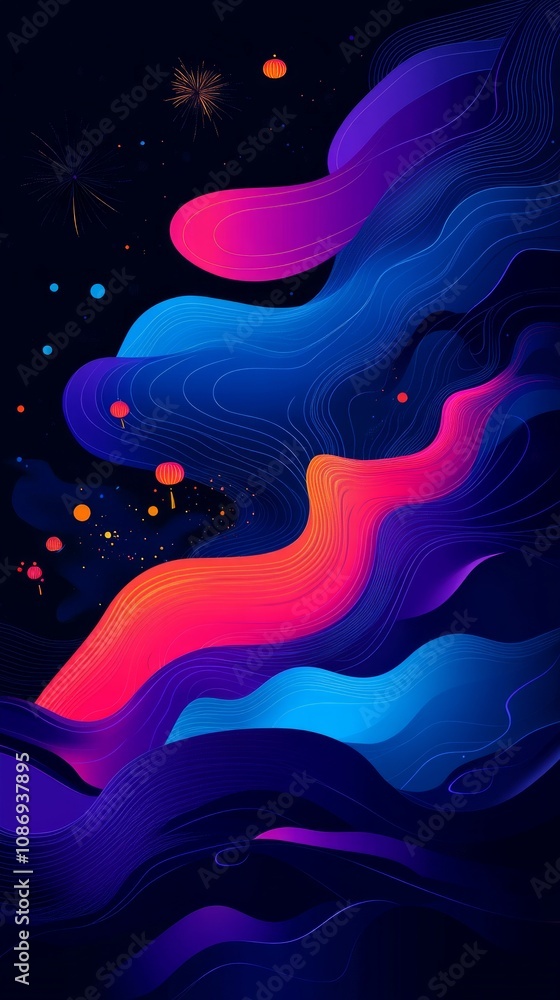 Poster the artwork showcases a dynamic display of colorful waves and patterns in vivid hues against a dark 