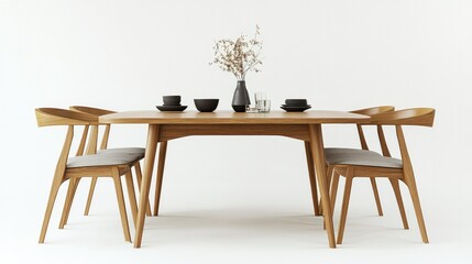 A minimalist dining room featuring a simple wood table and Scandinavian chairs on a white background, showcasing a cozy, natural design.