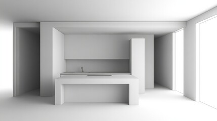 A minimalist kitchen with streamlined cabinetry, minimal hardware, and a central island on a white background, emphasizing simplicity.