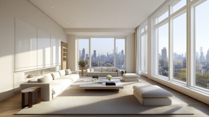 Fototapeta premium A minimalist living room with a light neutral palette, large windows, and simple furnishings to highlight the open, airy space.