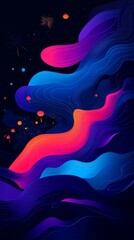 The artwork showcases a dynamic display of colorful waves and patterns in vivid hues against a dark backdrop, inviting viewers to explore the design's flow