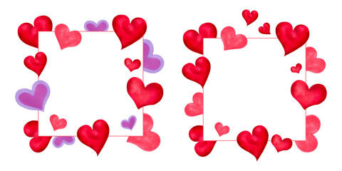 Square frame of red and purple hearts for Valentine's Day, Mother's Day. Watercolor, marker illustrations. Hand drawn isolated art. Background, template with place for text for invitation design