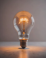 A glowing light bulb standing alone, isolated on a surface.