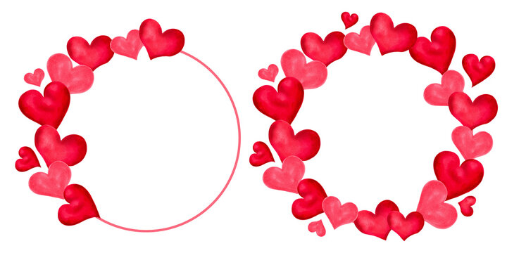 Round frame with pink hearts and space for text. Watercolor and marker illustration. Hand drawn isolated art. Background for Valentine's Day, Singles Day, Friends Day. Romantic frame for cards
