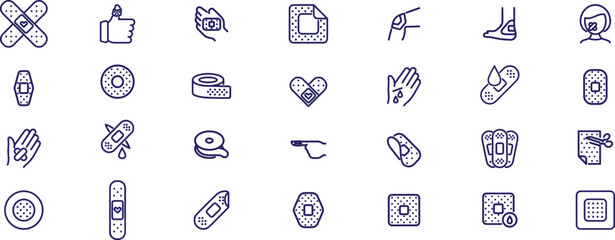 Vector icons medical bandage. Adhesive tape for treatment of light skin cuts, postoperative sutures.