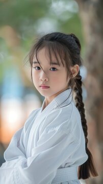photograph of Portrait of Cute young Asian Girl with long hair Taekwondo athlete in Dobok competes with Twimyo Chagi action