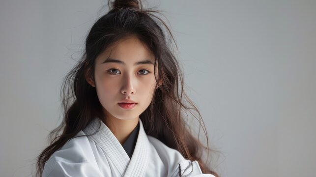 photograph of Portrait of Cute young Asian Girl with long hair Taekwondo athlete in Dobok competes with Twimyo Chagi action