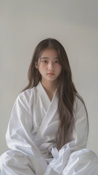 photograph of Portrait of Cute young Asian Girl with long hair Taekwondo athlete in Dobok competes with Twimyo Chagi action