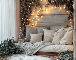 Elegant wintery watercolor Christmas nook with neutral tones, soft lights, and cozy blankets