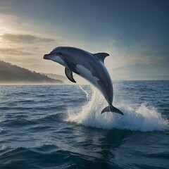 Fototapeta premium A dolphin breaching in a misty ocean as a comet streaks through the sky.