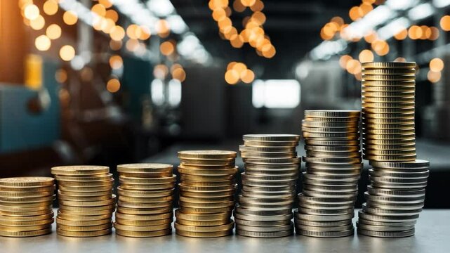 Video footage of stack of coins, increasing in height, symbolizing growth, wealth, and financial success