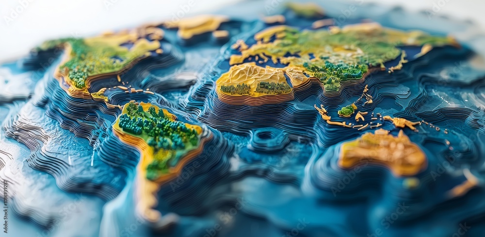 Poster detailed topographical representation of the world map with vibrant colors and textures that highlig