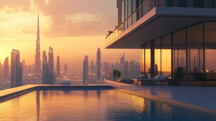 Naklejka premium Rooftop Infinity Pool Overlooking Dubai Skyline at Sunset