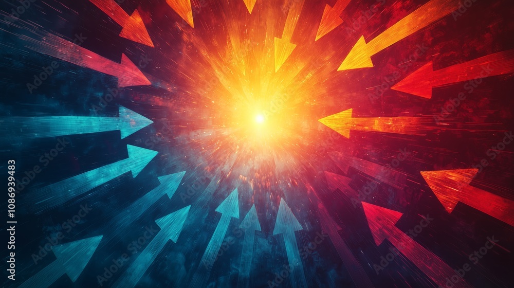 Poster dynamic burst of colorful arrows radiating from a bright core with a gradient background of red and 