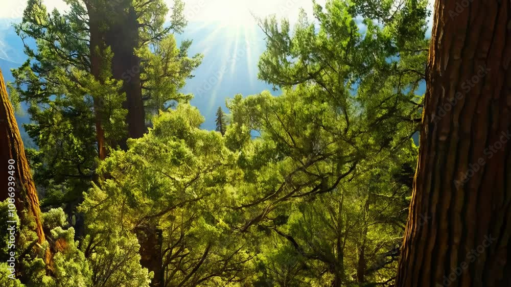 Poster camera smoothly ascends through a giant sequoia forest canopy, dappled afternoon light filters throu