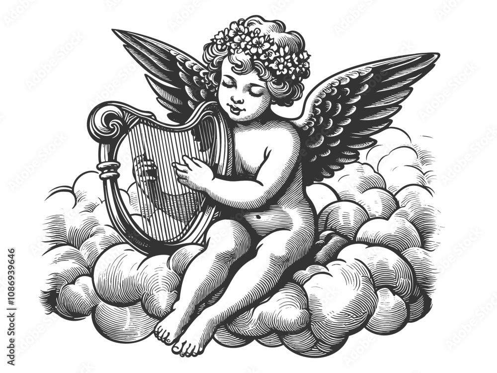 Poster cherub playing a harp while sitting on clouds, symbolizing serenity and divine beauty sketch engravi