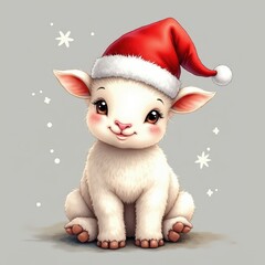 A sweet baby lamb in Santa hat with festive holiday touch isolated on a solid light grey background full of Christmas joy.