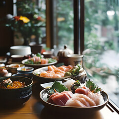 A beautifully arranged table of sushi, featuring colorful sashimi and garnishes, with a serene garden view through the window.
