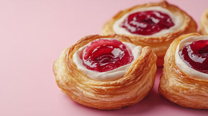 Fototapeta premium Delicious puff pastry with jam and cream cheese frosting cherry berry jam fashion pink background. food photography advertising modern delicious atmosphere cute luxury wallpaper