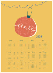 Christmas template for calendar 2025 in retro style. Textured vintage style Christmas ball with hand signed Merry Christmas