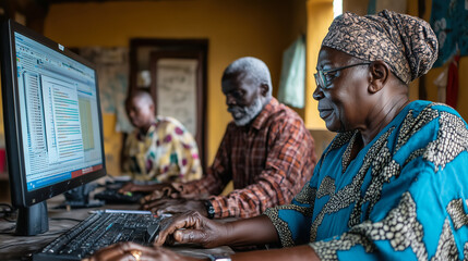 Elderly individuals engaged in learning digital skills at a community center during a training session in a bright room. Generative AI
