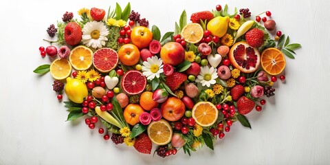 Vibrant assortment of fresh fruits and blossoms arranged in a heart shape, showcasing a delightful mix of colors and textures