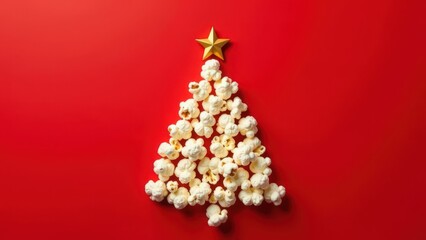 Popcorn arranged in a Christmas tree shape on red background with copy space. Christmas holiday concept for snack, food, cinema business, for greeting card, invitation, postcard, banner, poster